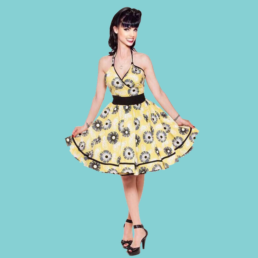 Kinny & Howie Yellow Daisy Print Halter Fit and Flare Dress
