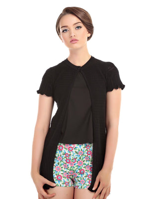 Bright & Beautiful Crochet Scalloped Edge Long Length Open Front Short Sleeve Cardigan in Black