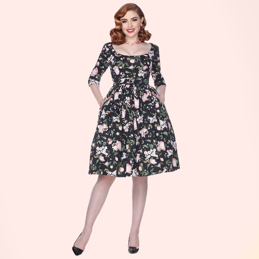 Bettie Page Black 3/4 Sleeve Fit & Flare Scoop Neck Floral Dress