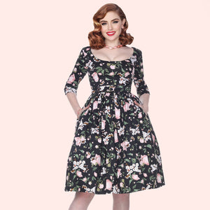 Bettie Page Black 3/4 Sleeve Fit & Flare Scoop Neck Floral  Dress