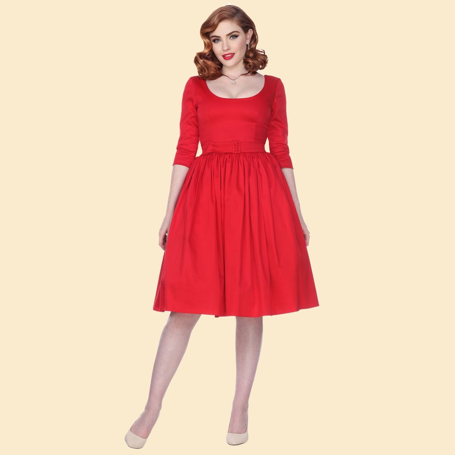 Bettie Page Red 3/4 Sleeve Fit & Flare Scoop Neck Dress