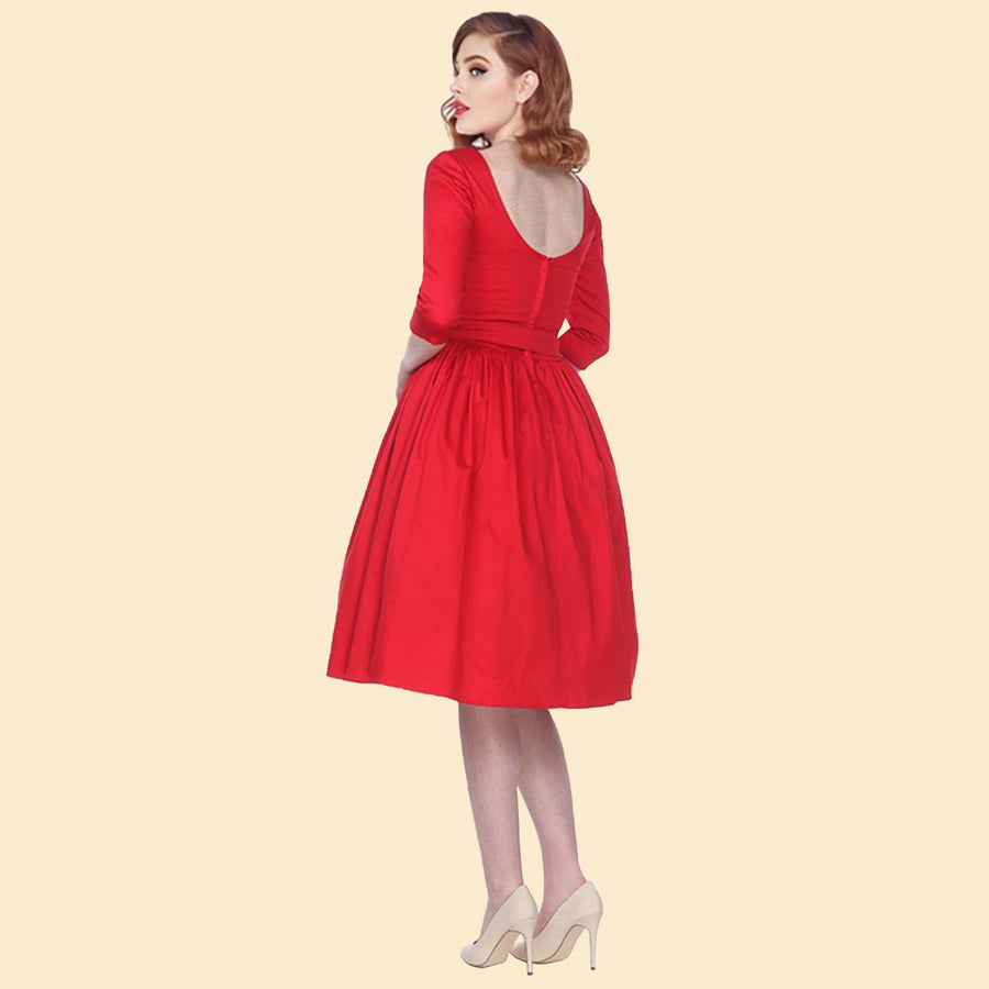 Bettie Page Red 3/4 Sleeve Fit & Flare Scoop Neck Dress