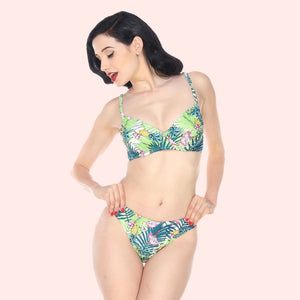 Esther Williams Vintage Style Tropical Island Print Bikini with Push Up Top and Mid Rise Bottom