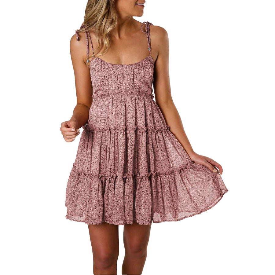Cute Pink A-line Layered Ruffled Summer Floral Dress