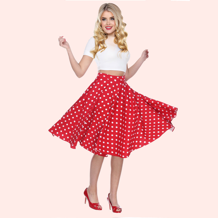 Bettie Page Red Swing Skirt with White Polka Dots