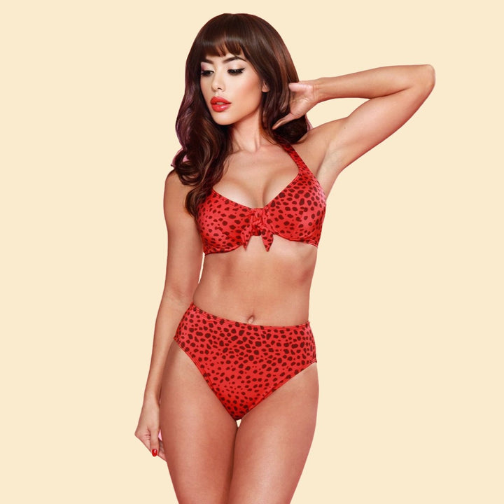 Bettie Page Vintage Style Pin Up Retro Red Leopard High Waist Bikini