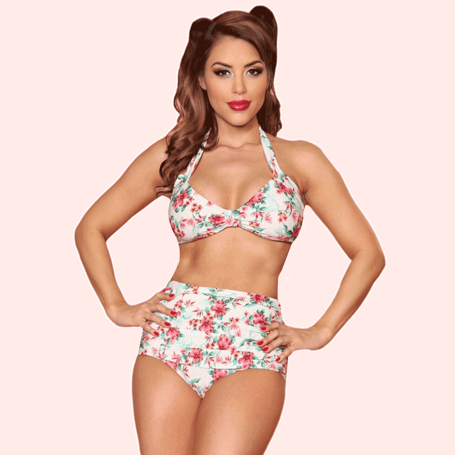 Bettie Page Vintage Style White Hibiscus Print Bikini with Halter Top and High Waist Bottom
