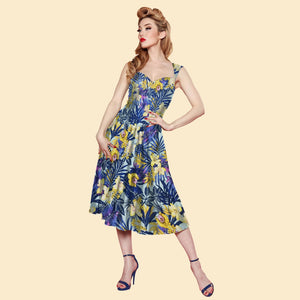 Bettie Page Roman Holiday Dress in Blue Paradise Print