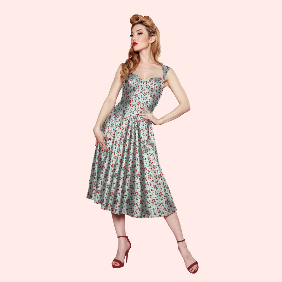 Bettie Page Roman Holiday Dress in Cherry Print