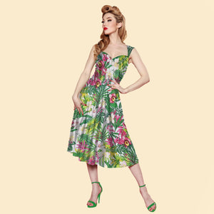 Bettie Page Roman Holiday Dress in Green Paradise Print
