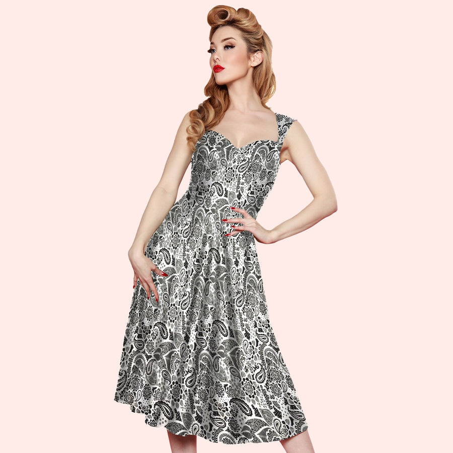 Bettie Page Roman Holiday Dress in Black and White Paisley
