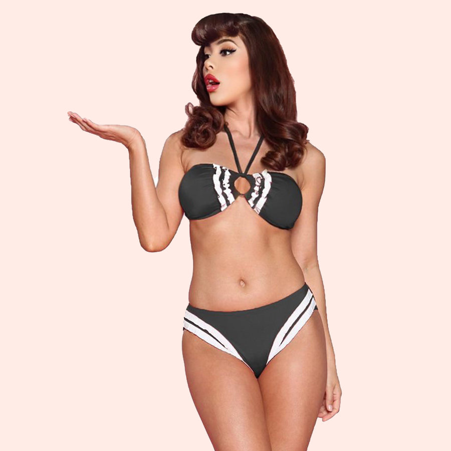 Bettie Page Vintage Style Keyhole Bikini Set with Accent Ruffles
