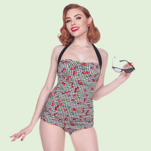 Girl Howdy Vintage Style Black and White Gingham and Cherry Print One Piece Swimsuit