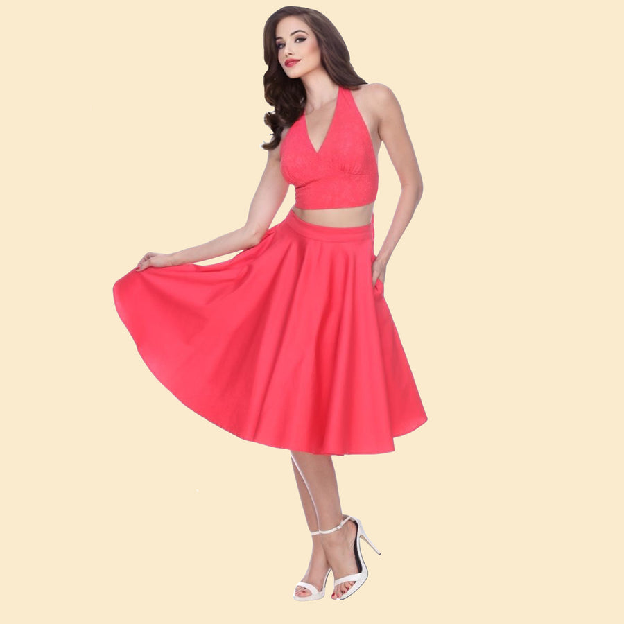 Bettie Page Coral Swing Skirt with Pockets