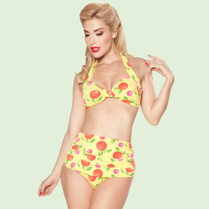 Esther Williams Vintage Style Yellow Tangerine Print Bikini with Halter Top and High Waist Bottoms