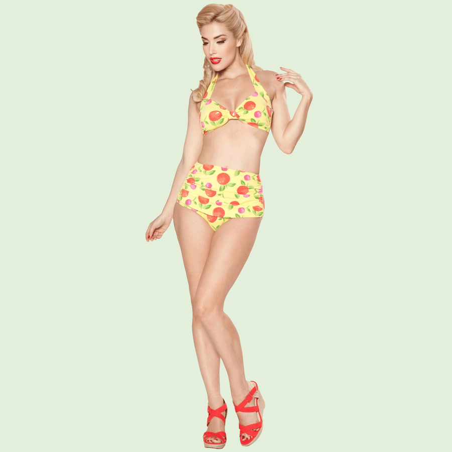 Esther Williams Vintage Style Yellow Tangerine Print Bikini with Halter Top and High Waist Bottoms